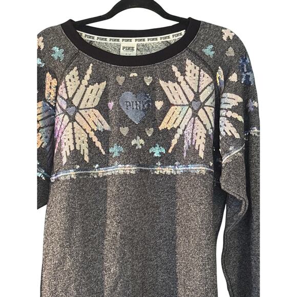 Victorias Secret Pink Womens Sweatshirt Small P Black Sequin Snowflake Pullover - Picture 2 of 8